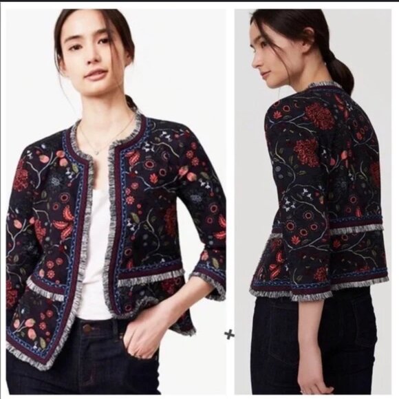 NWOT! Loft Boho Primavera Strawberry Floral Jacquard Preppy Fringe Jacket sz 6 - Picture 1 of 15